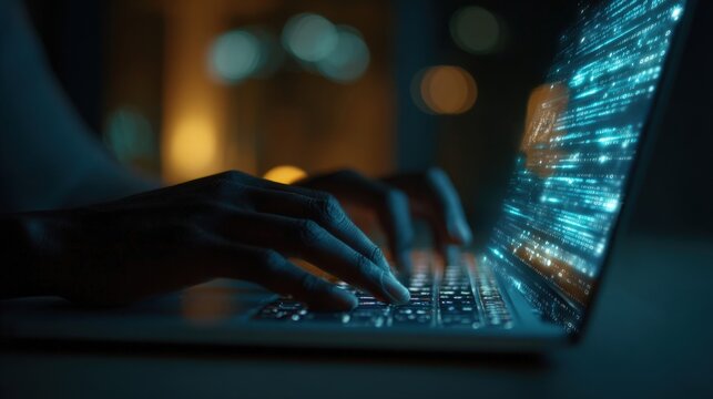 Person Coding on Laptop with Digital Interface Overlay, Depicting Cybersecurity or Software Development