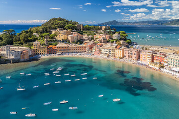 Aerial view of the picturesque resort town of Sestri Levante in Liguria, Italy