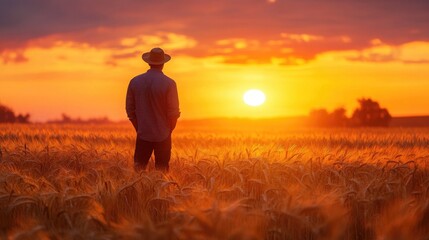 Silhouette of Farmer Watching Stunning Sunset Over Wheat Field