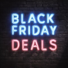 Black Friday Deals Neon Sign on Dark Brick Wall. Glowing Blue and Red Text for Holiday Shopping, Sales, and Promotions