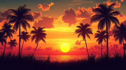 Fototapeta premium Silhouette of palm trees at sunset, ideal for a warm and tranquil tropical wallpaper.