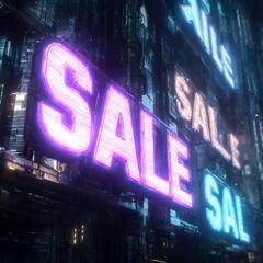 Vibrant Neon 'SALE' Signs Illuminating a Dark Futuristic Cityscape