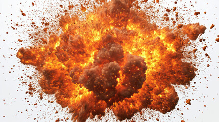 Fiery orange explosion with bright sparks and smoke captured against a white background in a burst