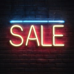 Vibrant 'SALE' Neon Sign on Dark Brick Wall. Glowing light for retail promotions, discounts, and special offers.