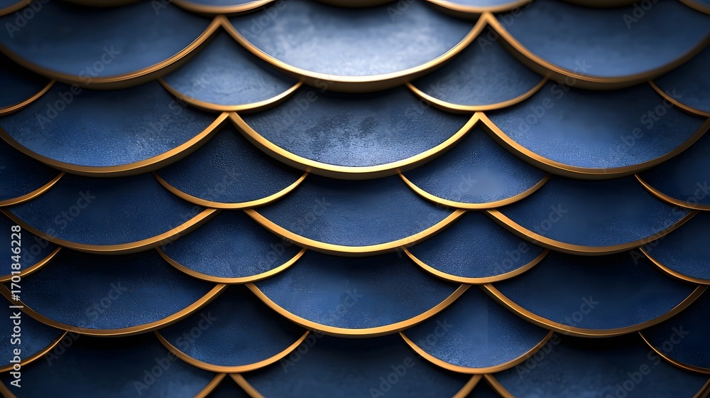 Poster a detailed close-up view of overlapping, textured, deep blue scales with golden accents, creating an