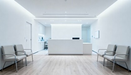Modern medical reception area with minimalist design, white interior, waiting room chairs, and clean aesthetic