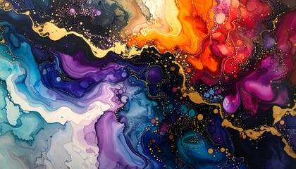 A vibrant abstract painting, showcasing a dynamic interplay of swirling colors, from deep purples and blues to fiery oranges and reds, accented by glistening gold specks, creating a mesmerizing...