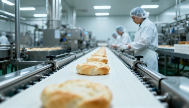 Automated Food Production: Fresh Bread on Conveyor Belt in Modern Bakery Factory, Hygienic Environment