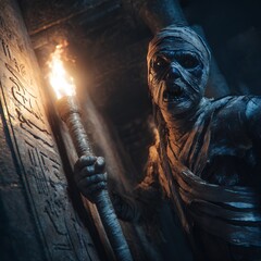 Eerie Mummy with Flaming Torch in Dark Ancient Tomb. Mysterious Crypt Exploration.