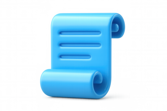 Blue scroll hovering, representing digital documents, contracts, glowing against transparent backdrop with sleek 3d rendering