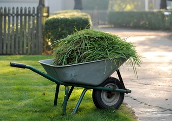 Wheelbarrow overflowing with freshly cut green grass after garden maintenance on a sunny day