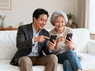 An elderly couple is sitting on a sofa at home, both using smartphones and interacting with each other.
