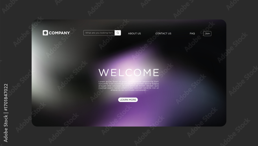 Poster modern website landing page design with welcome message and call to action button, promoting engagem
