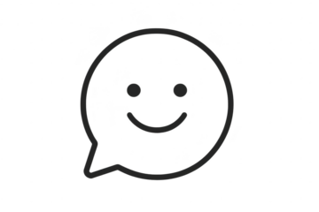 Outline smiling face in speech bubble, isolated on transparent background.