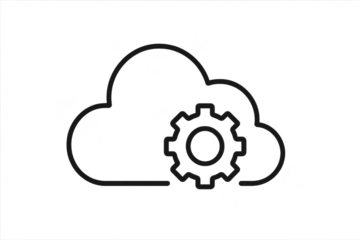 Line art cloud with gear icon on transparent backdrop, connection concept