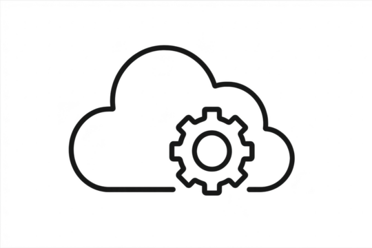 Line art cloud with gear icon on transparent backdrop, connection concept