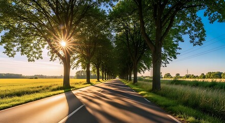 Obraz premium A Scenic Tree-Lined Road Bathed In Golden Hour Light, With Long Shadows And Yellow Fields, Evoking A Sense Of Serenity And Natural Beauty.