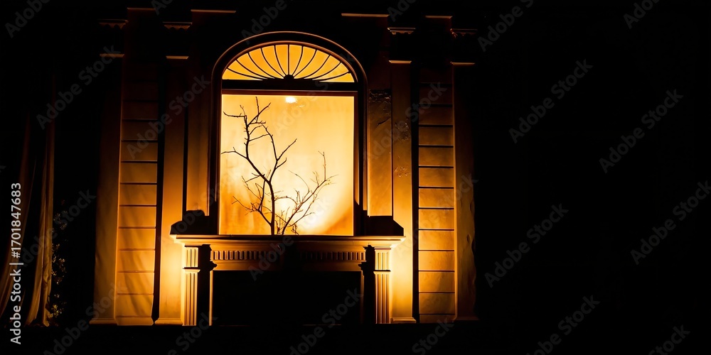 Poster highlight of a dimly lit room showcasing an artistic window display featuring a bare branch illumina