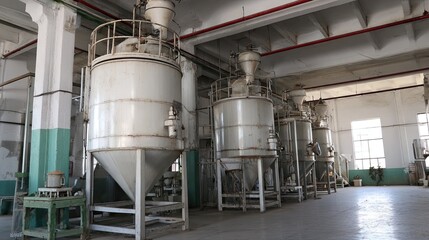 Fototapeta premium Industrial processing facility with large metal silos and bright interior lighting for manufacturing and storage operations