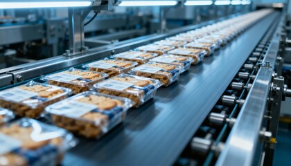 Obraz premium Automated Food Production: Cookies in Packaging Moving Along Conveyor Belt in a Modern Factory