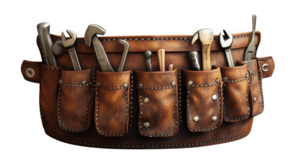 Leather tool belt with various hand tools isolated on transparent background