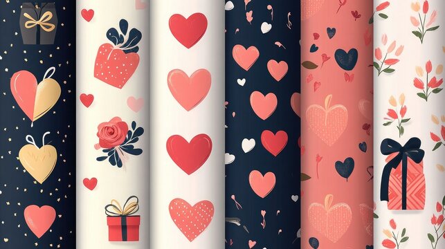 Fototapeta Set of ValentineÃ¢Â?Â?s Day Patterns with Hearts, Flowers, Gifts, and Love Inscriptions.