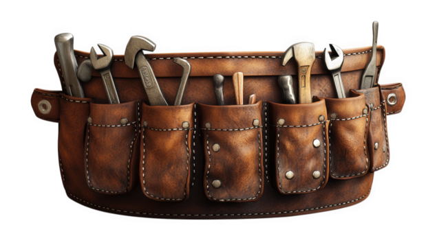 Leather tool belt with various hand tools isolated on transparent background