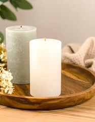 Two cylindrical candles, one light gray, one white, on a wooden tray with greenery and flowers