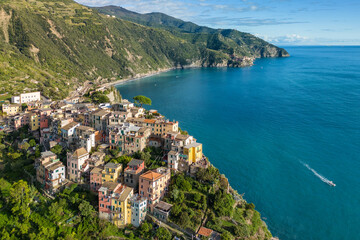 Aerial view of the picturesque resort town of Corniglia, Cinque Terre, Italy