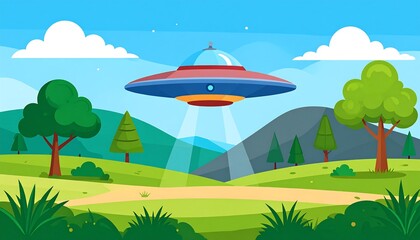 A colorful landscape scene features a flying saucer hovering above rolling hills, showcasing a whimsical and serene atmosphere.