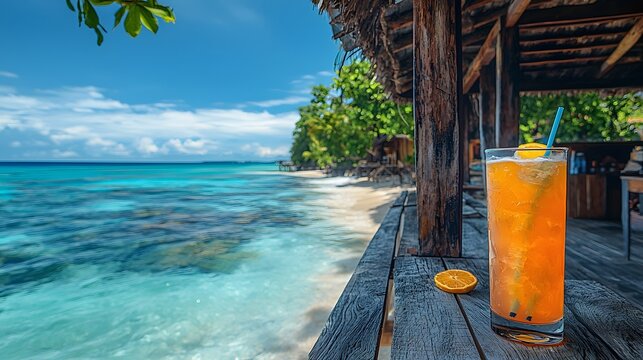 A vibrant orange cocktail sits on a wooden table overlooking a pristine tropical beach and turquoise ocean waves - Powered by Adobe