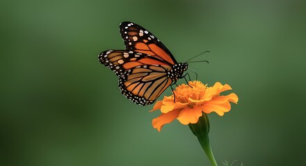 Obraz premium A Majestic Monarch Butterfly Perches Delicately On A Vibrant Orange Marigold Against A Soft Green Background.