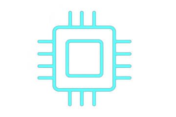 Simplified glowing cyan CPU microchip icon isolated on transparent background