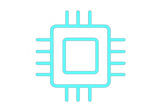 Simplified glowing cyan CPU microchip icon isolated on transparent background