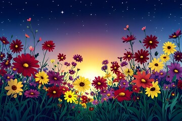 Vibrant wildflowers burst forth in a colorful meadow at sunrise, showcasing a variety of radiant hues against a twilight sky dotted with stars.
