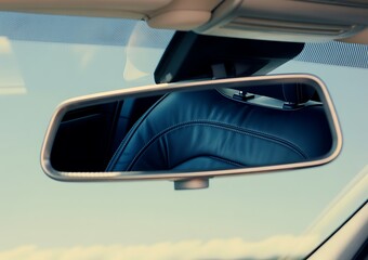 Reflection of a car s leather seat in the rearview mirror against a bright sky