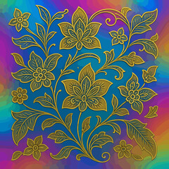 Golden Floral Ornament: Vintage Teal & Gold Flower Pattern