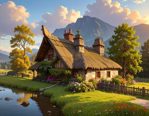 Charming thatched cottage nestled in idyllic mountain landscape at sunset