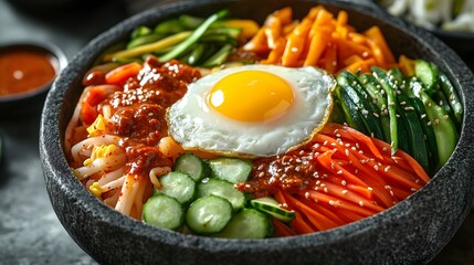 A vibrant Korean bibimbap bowl, showcasing a medley of colorful vegetables, a fried egg, and a flavorful sauce, is presented in a dark stone bowl.