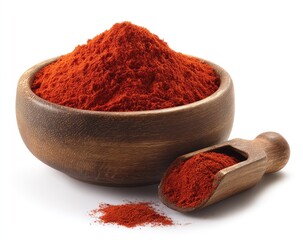 Red chili powder in wooden bowl and scoop