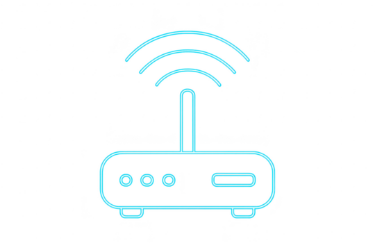 Neon blue WiFi router icon isolated on transparent background, outline drawing