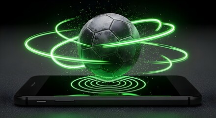 A soccer ball hovers above a smartphone, surrounded by green energy, symbolizing digital sports or technology.