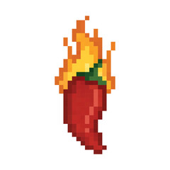 pixel art chili pepper on fire 8 bit icon vector  for game, logo