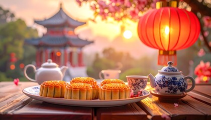 Obraz premium Mooncakes with Tea and Lantern