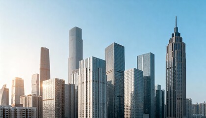 Obraz premium Modern Cityscape: Tall Skyscrapers Against a Clear Blue Sky, Representing Urban Development and Architectural Excellence