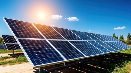 Solar Panels Collecting Sunlight in a Green Field Under Bright Sky