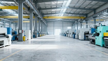 Large Industrial Manufacturing Facility Interior with Heavy Machinery and Equipment in a Modern Production Plant