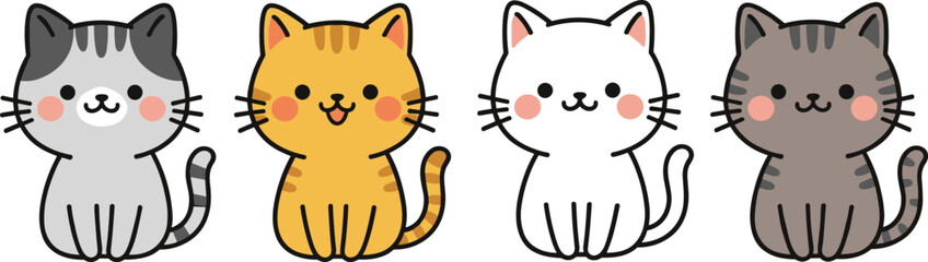 Cartoon cats, cute feline characters, sitting pose set, striped color variations, pet illustration pack, smiling animal icons, playful design