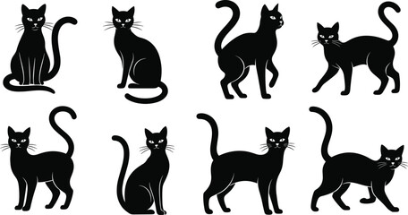Black cat silhouettes, expressive feline poses, white facial accents, walking sitting posture, animal behavior icons, artistic pet vector set