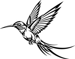 Hummingbird, flying, silhouette, black and white, vector, tattoo style, elegant bird, nature, wings, abstract, decorative, ink, tribal, motion, wildlife, graphic, isolated, artistic, feathers